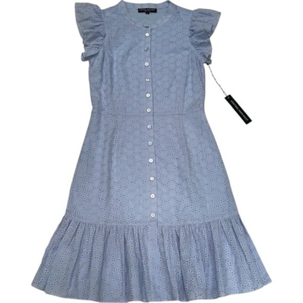 Central Park West Eyelet Dress Ruffle Sleeve Button Front Light Blue S